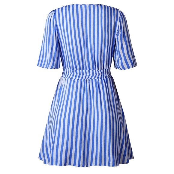 Women's Short Sleeve Striped Wrap Ruffle Hem Pleated Mini Dress - M - Picture 3 of 8